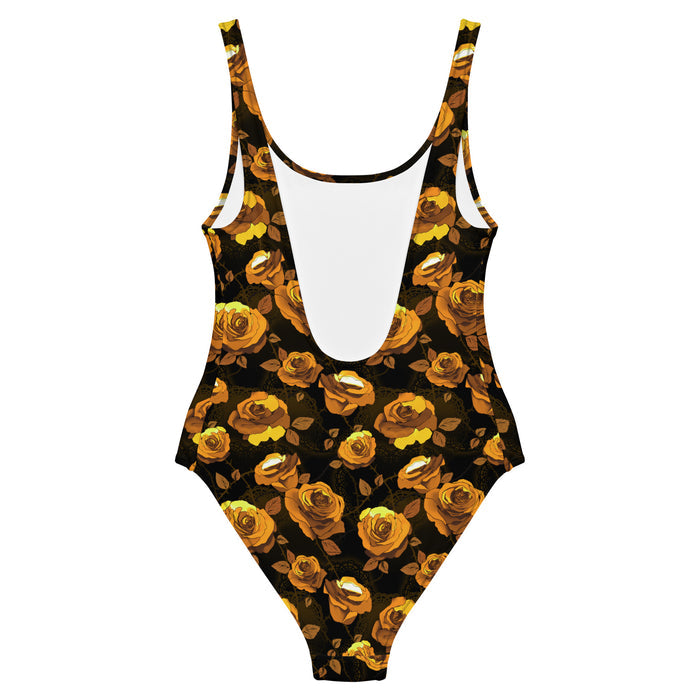 Enchanted Rose One-Piece Swimsuit with full-bloom roses and briars, goth one-piece swimwear