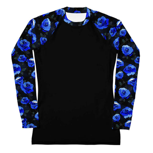 Enchanted Rose Rash Guard in cobalt blue with roses and thorny briars, goth rash guard