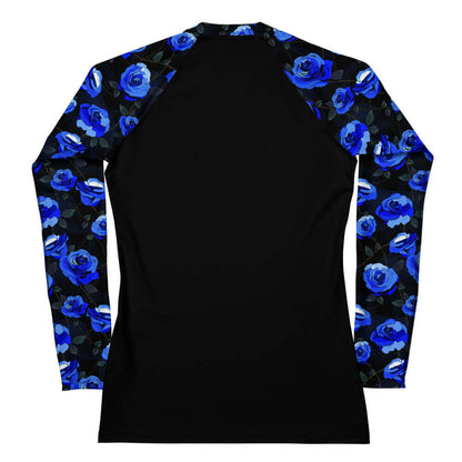 Blue Enchanted Rose Rash Guard with blue roses and lace doilies, kawaii goth swim top