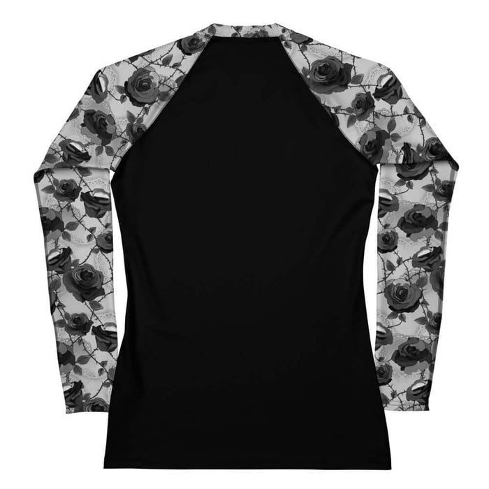 Black Enchanted Rose Rash Guard with black roses and lace doilies, goth UPF 50+ rash guard
