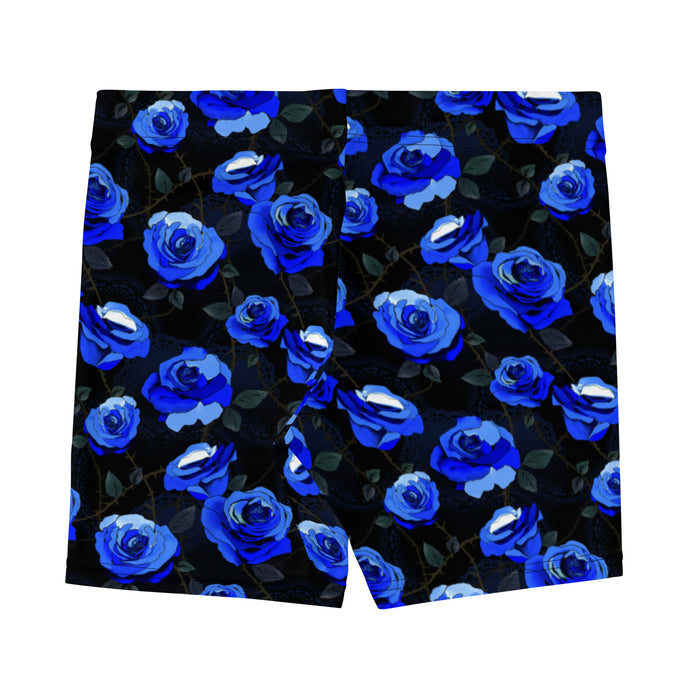 Blue Enchanted Rose Shorts with blue roses and lace doilies, kawaii goth shorts