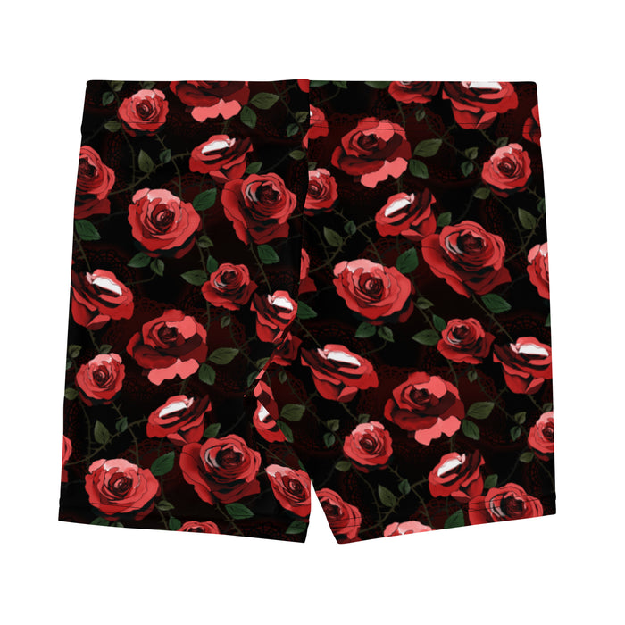 Red Enchanted Rose Shorts with red roses and briars on black, gothic shorts
