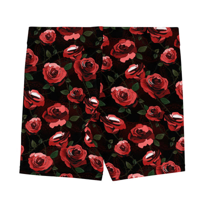 Red Enchanted Rose Shorts with red roses and briars on black, gothic shorts