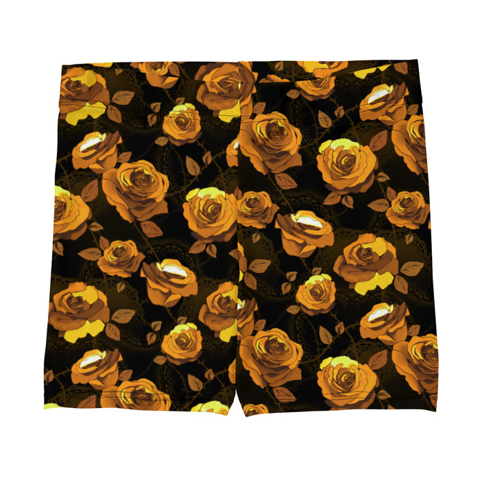 Gold Enchanted Rose Shorts with golden roses and doily hearts, goth kawaii shorts