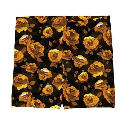 Gold Enchanted Rose Shorts with golden roses and doily hearts, goth kawaii shorts