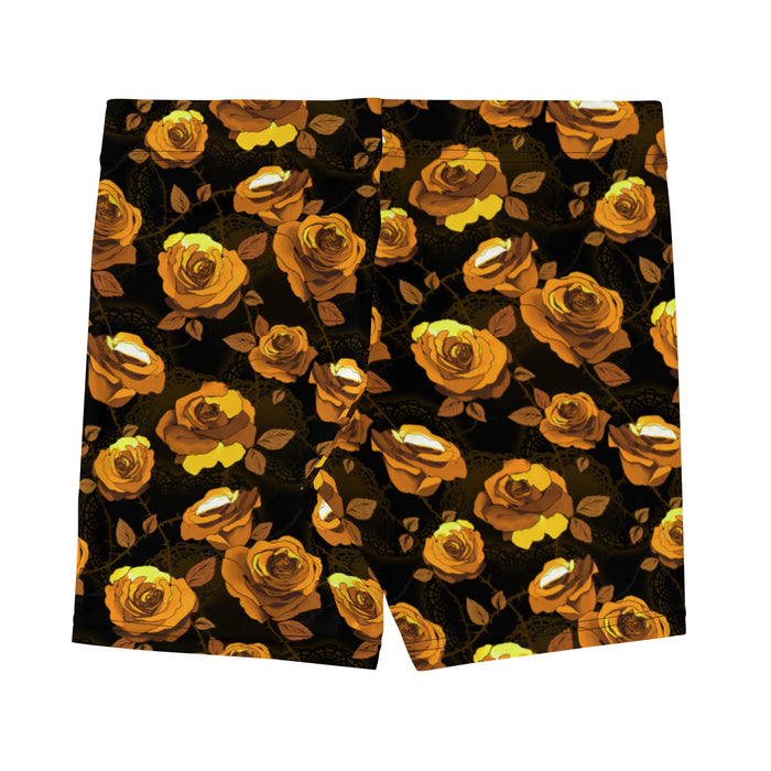 Enchanted Rose Shorts in gold with roses and thorny stems, kawaii goth loungewear