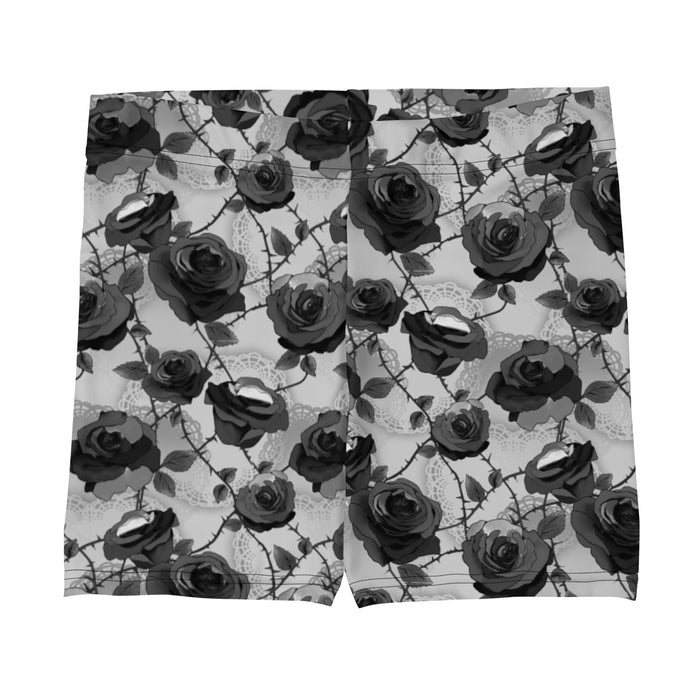 Black and white Enchanted Rose Shorts with roses and lace doilies, gothic lounge shorts