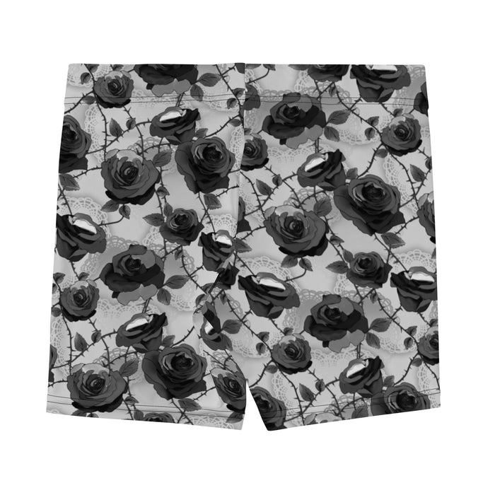 Enchanted Rose Shorts in black and white with rosebuds and briars, alternative shorts