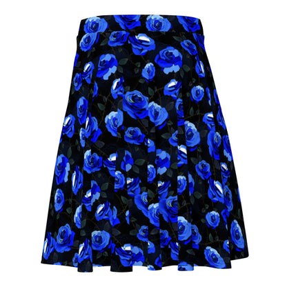 Blue Enchanted Rose Skater Skirt with blue roses and lace doilies, kawaii goth skirt