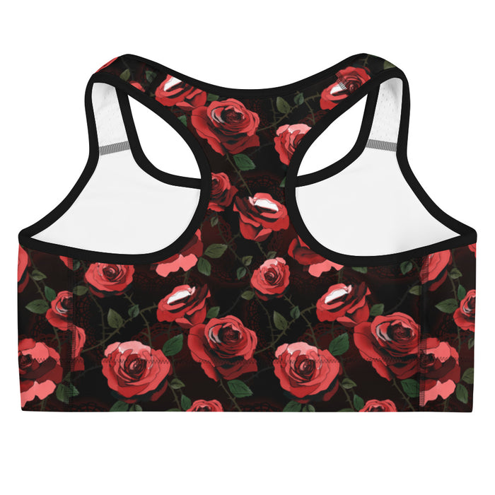 Enchanted Rose Sports Bra with dark roses and lace doilies, gothic kawaii activewear