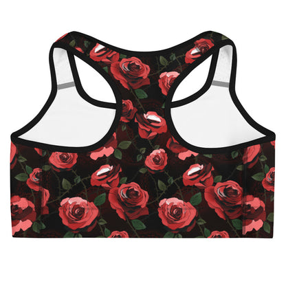 Enchanted Rose Sports Bra with dark roses and lace doilies, gothic kawaii activewear