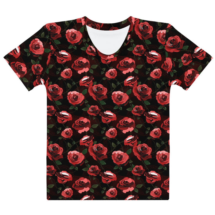 Enchanted Rose T-Shirt with rose blossoms and thorny stems, alternative jersey tee