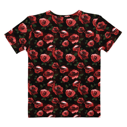 Enchanted Rose T-Shirt with watercolor roses and doily hearts, gothic everyday tee