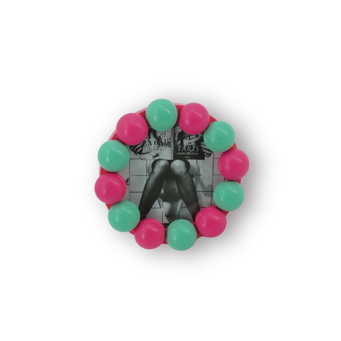 Fotolijst - Rond met Bolletjes Rand - MDF - Mint/ Neon Roze - 14.5x14.5cm