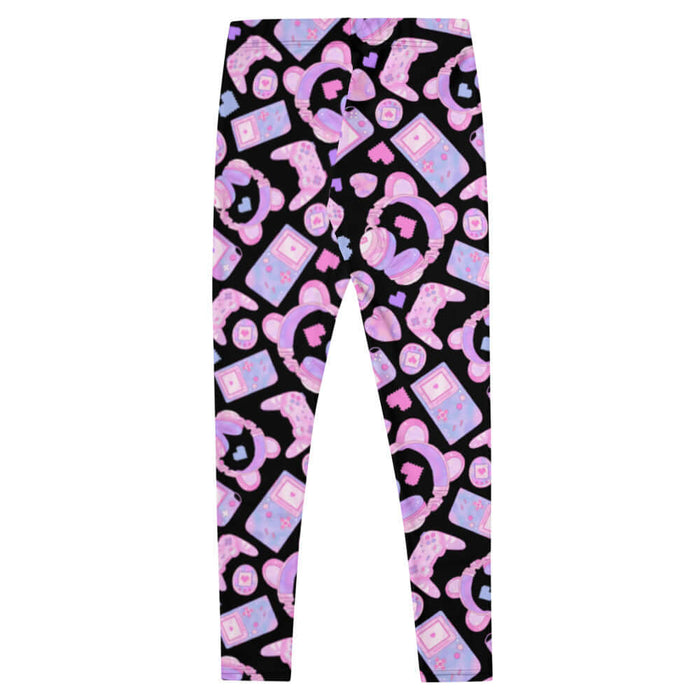 Gamer Girl kawaii leggings in black with twin joysticks and pastel handhelds