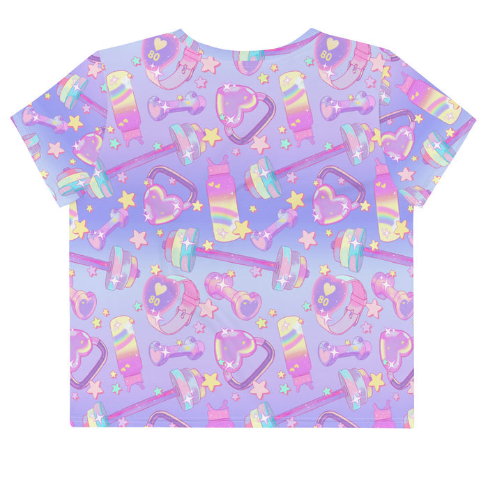 Glitter Gains kawaii crop top with golden stars and holographic barbells, back view