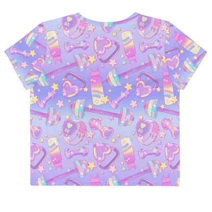 Glitter Gains kawaii crop top with golden stars and holographic barbells, back view