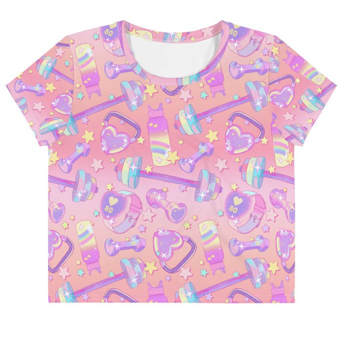 Glitter Gains kawaii crop top with tiny sparkles and rainbow dumbbells