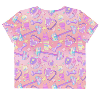 Glitter Gains kawaii crop top with pastel hearts and heart-shaped kettlebells, back view