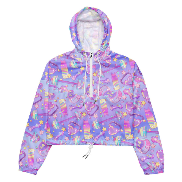 Glitter Gains kawaii cropped windbreaker with tiny sparkles and rainbow dumbbells