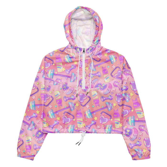 Glitter Gains kawaii cropped windbreaker with holographic barbells and heart-faced fitness watches