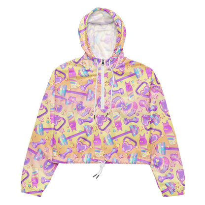 Glitter Gains kawaii cropped windbreaker with heart-shaped kettlebells and golden stars