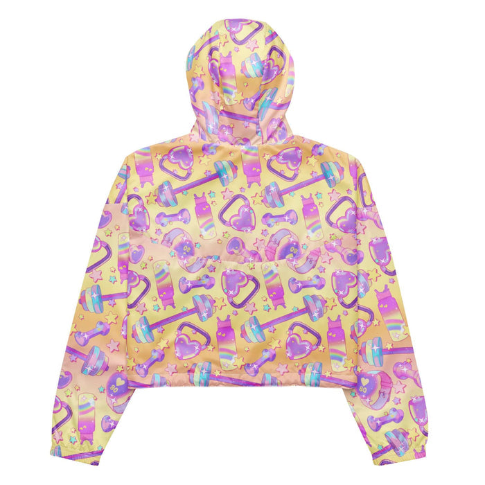 Glitter Gains kawaii cropped windbreaker with heart-faced fitness watches and tiny sparkles, back view