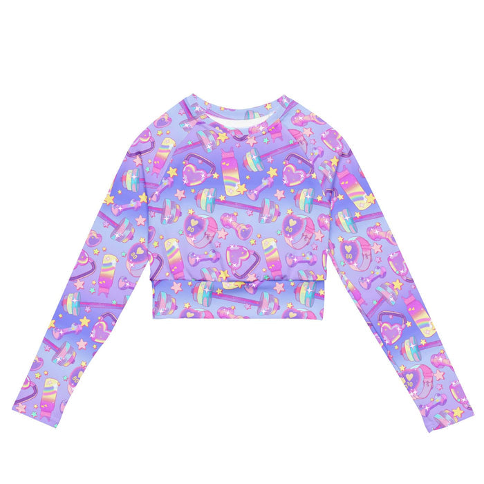 Glitter Gains kawaii long-sleeved crop top with heart-shaped kettlebells and golden stars
