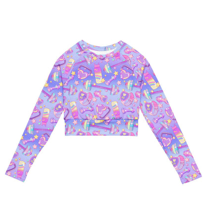 Glitter Gains kawaii long-sleeved crop top with heart-shaped kettlebells and golden stars