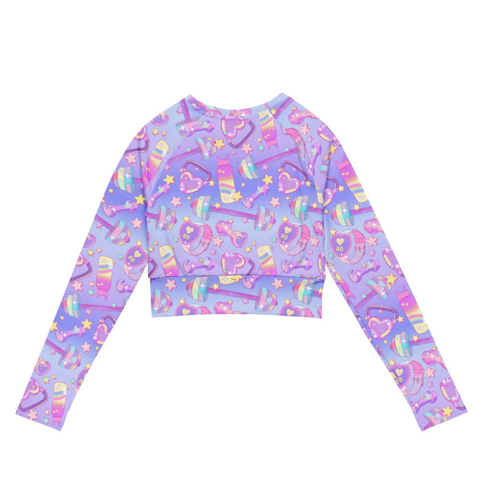 Glitter Gains kawaii long-sleeved crop top with heart-faced fitness watches and tiny sparkles, back view
