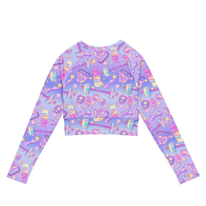 Glitter Gains kawaii long-sleeved crop top with heart-faced fitness watches and tiny sparkles, back view