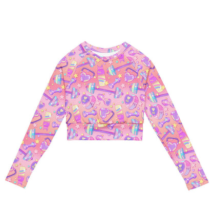 Glitter Gains kawaii long-sleeved crop top with holographic water bottles and pastel hearts