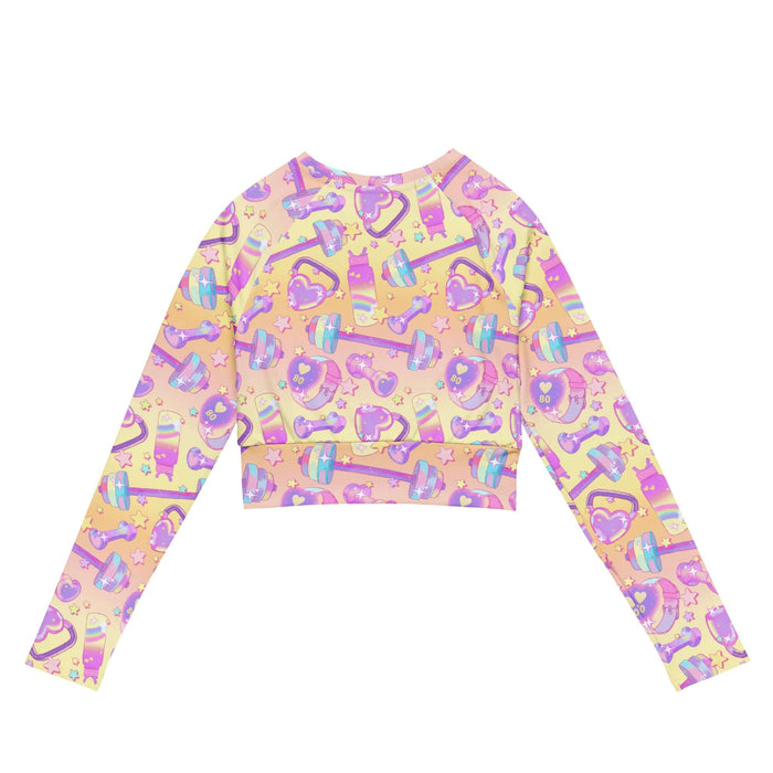 Glitter Gains kawaii long-sleeved crop top with pastel hearts and heart-shaped kettlebells, back view