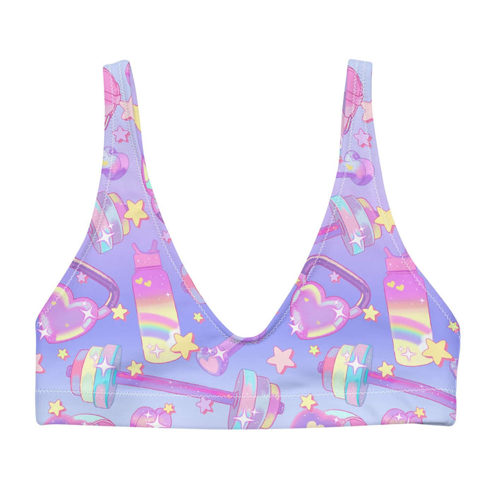 Glitter Gains kawaii padded bikini top with heart-shaped kettlebells and golden stars