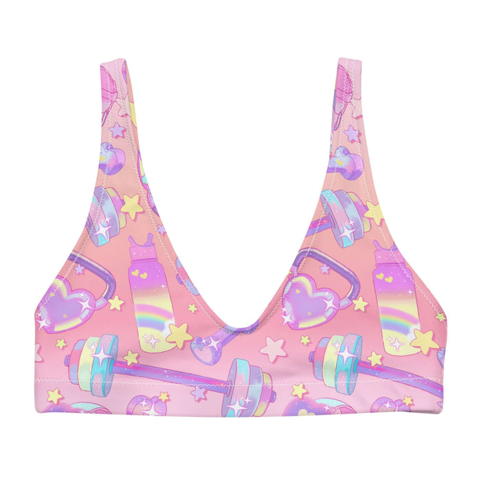 Glitter Gains kawaii padded bikini top with holographic water bottles and pastel hearts