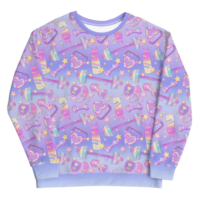 Glitter Gains kawaii sweatshirt with holographic water bottles and pastel hearts