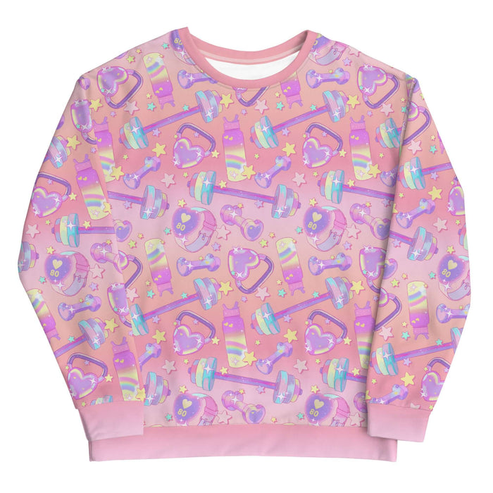 Glitter Gains kawaii sweatshirt with tiny sparkles and rainbow dumbbells