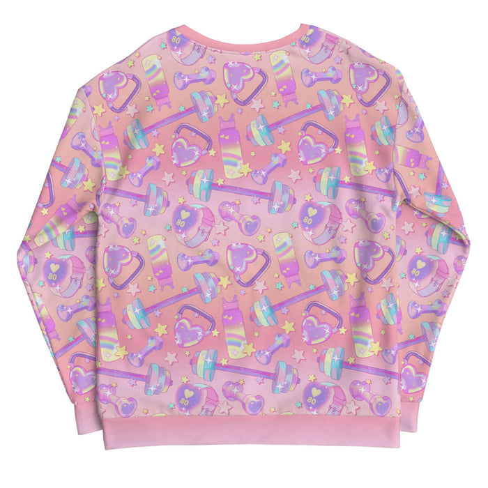 Glitter Gains kawaii sweatshirt with pastel hearts and heart-shaped kettlebells, back view