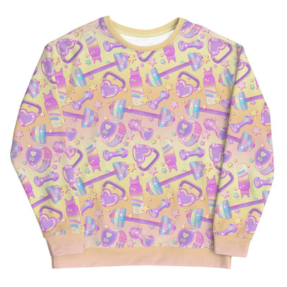 Glitter Gains kawaii sweatshirt with holographic barbells and heart-faced fitness watches