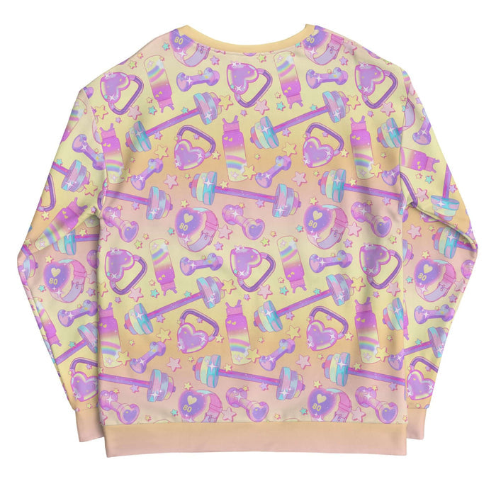 Glitter Gains kawaii sweatshirt with rainbow dumbbells and holographic water bottles, back view