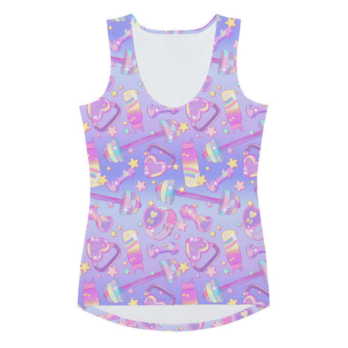 Glitter Gains kawaii tank top with heart-shaped kettlebells and golden stars