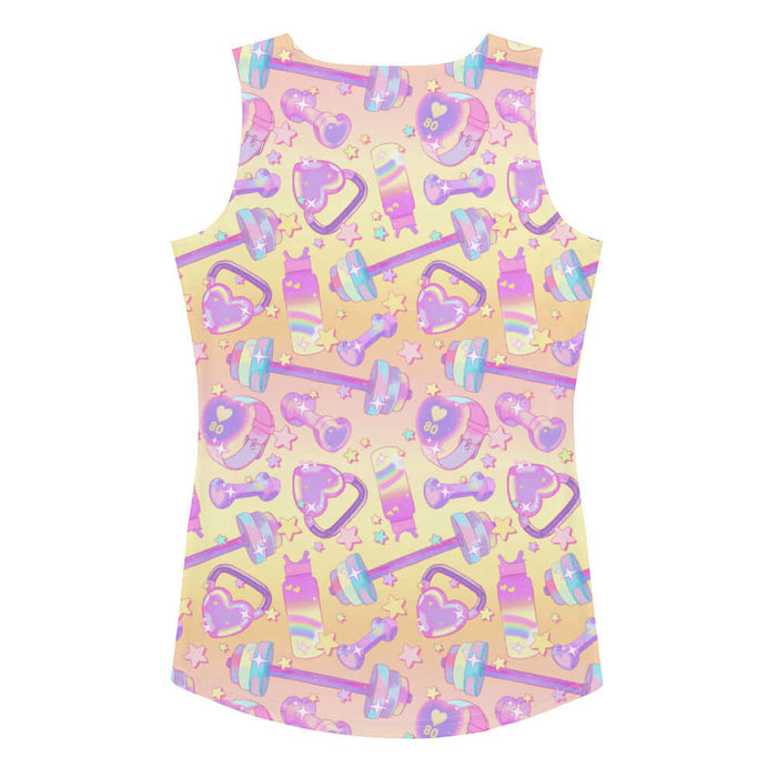 Glitter Gains kawaii tank top with pastel hearts and heart-shaped kettlebells, back view