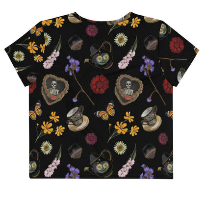 Gothic Tea Time crop top in black with stacked vintage teacups and monarch butterflies, kawaii goth style