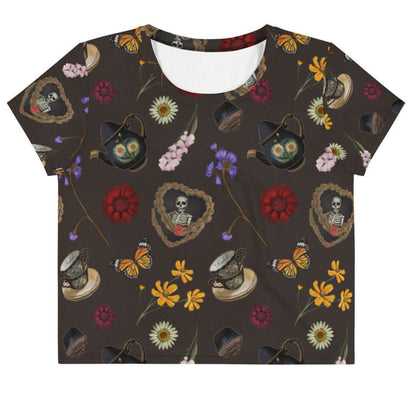 Gothic Tea Time crop top in black with purple irises and red dahlias, kawaii goth style