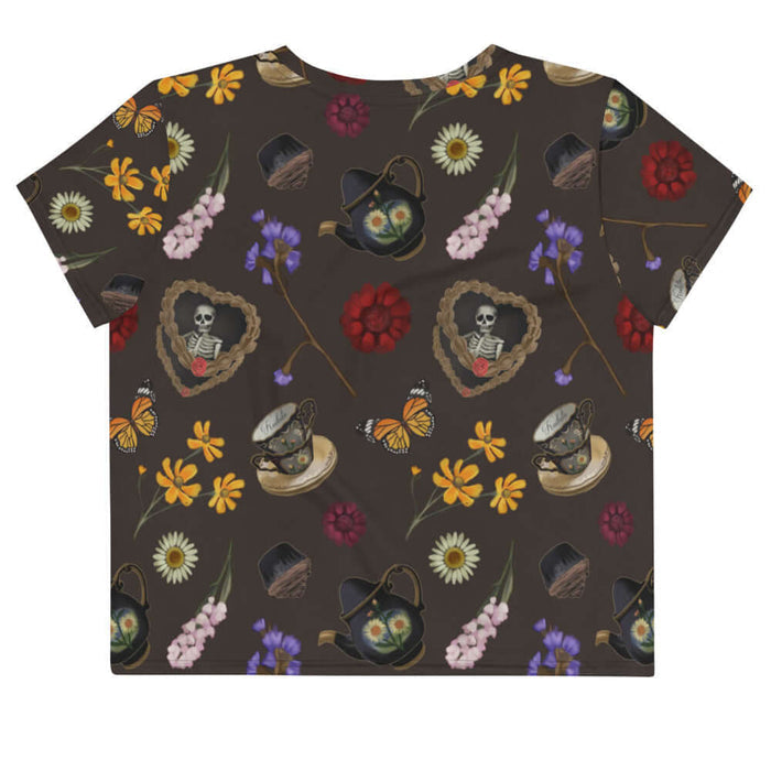 Gothic Tea Time crop top in black with pink snapdragons and golden cosmos, kawaii goth style