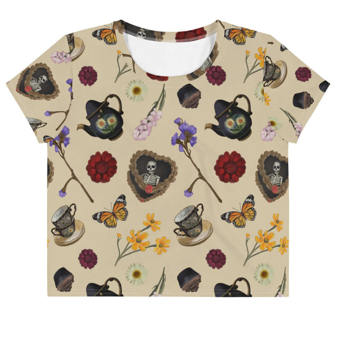 Gothic Tea Time crop top in black with a rose-clutching skeleton and white daisies, kawaii goth style
