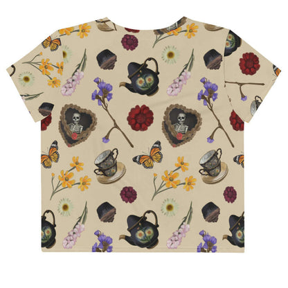 Gothic Tea Time crop top in black with black teapots and wine-dark zinnias, kawaii goth style