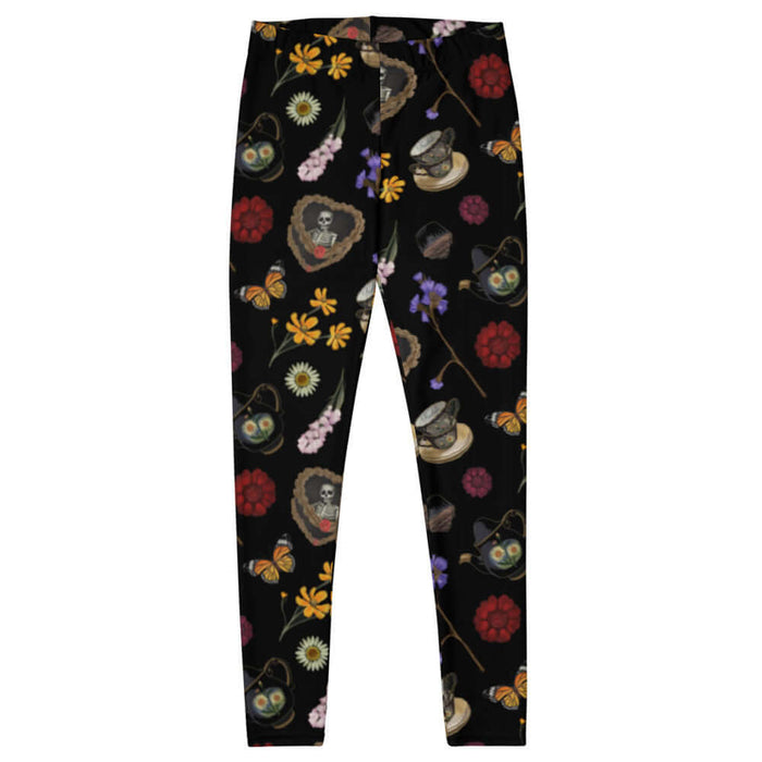 Gothic Tea Time leggings in black with white daisies and black teapots, pastel goth fashion