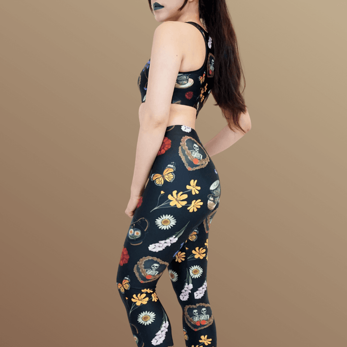 Gothic Tea Time leggings in black with a heart-wreathed skeleton and black teapots, kawaii goth style