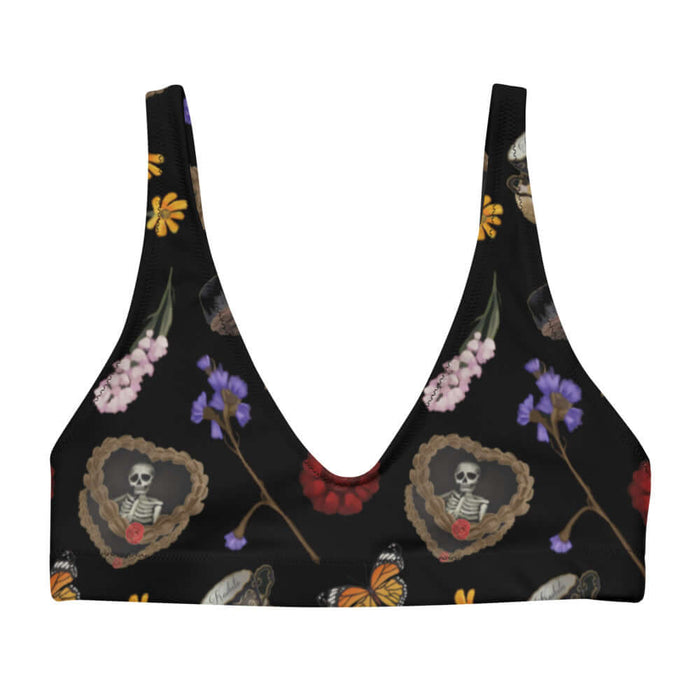 Gothic Tea Time padded bikini top in black with white daisies and black teapots, gothic activewear